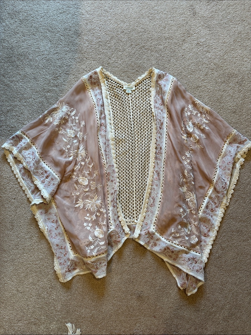 Sundance Embroidered Sheer Kimono Cardigan - Cream & Dusty Rose